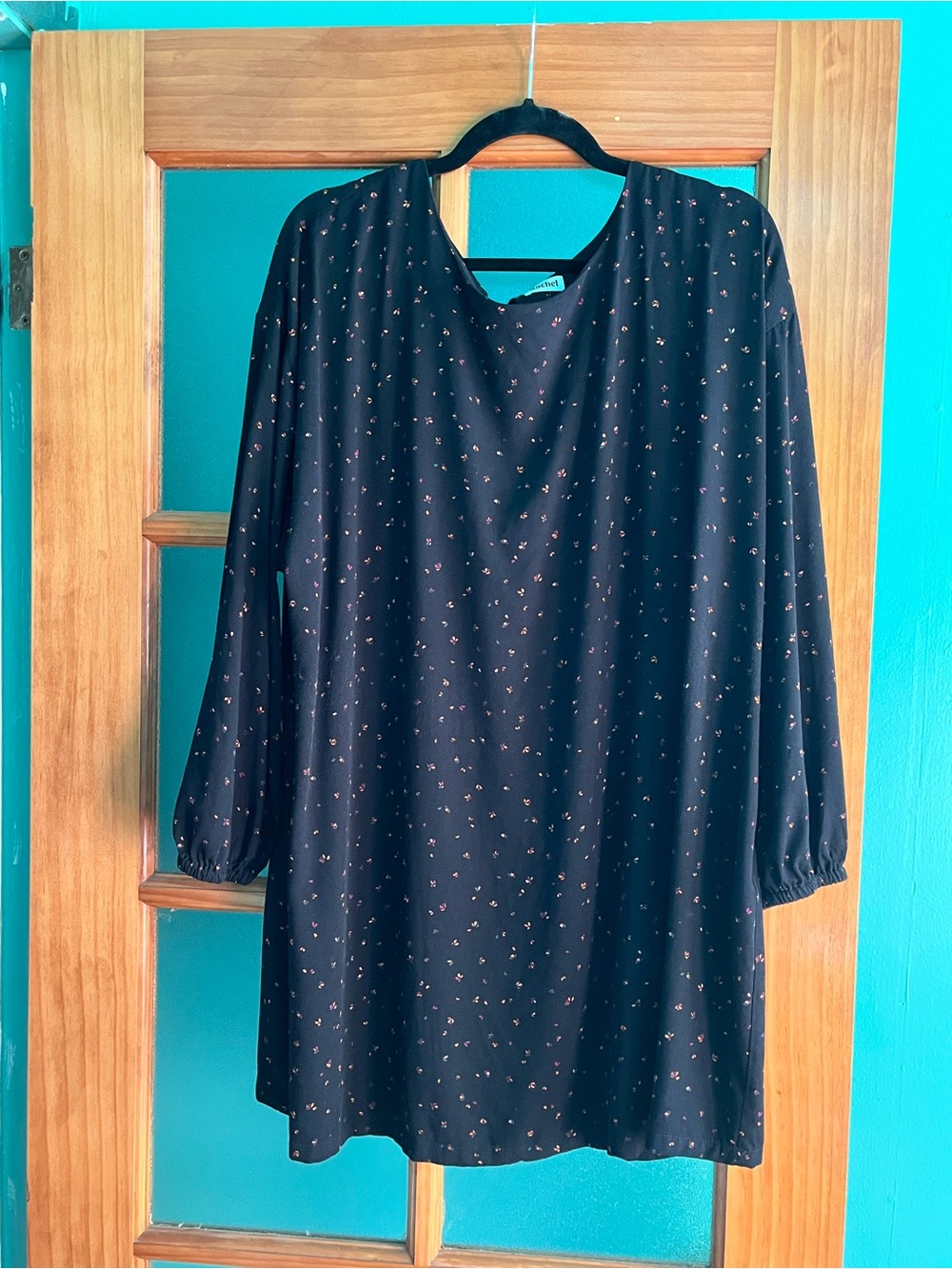 Black Long Sleeve Tunic Dress with Subtle Floral Print